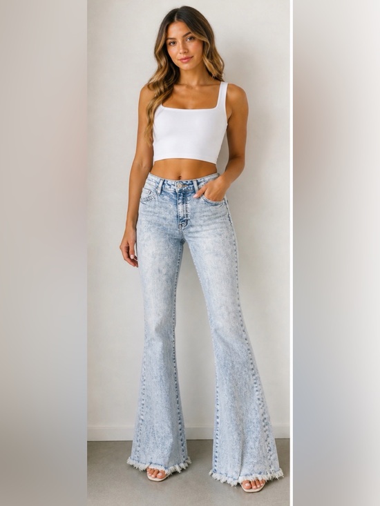 KanCan Denim - KanCan Acid Wash Flare Jeans Size 11/29 NWOT High Rise Frayed Hem